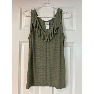 Women's CABI V-Neck Green Gray Ruffle Front Tank Size Small